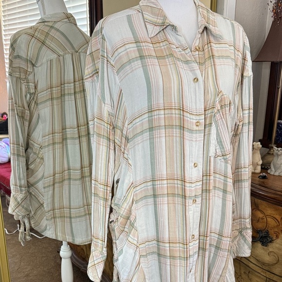 Free People Nordic Plaid Pastel Striped Button Down Shirt - Picture 3 of 14